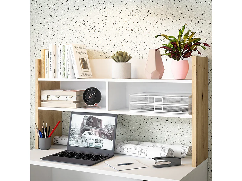 Bureau et surmeuble 110 cm blanc mat et décor bois de chêne - ODYSSÉE