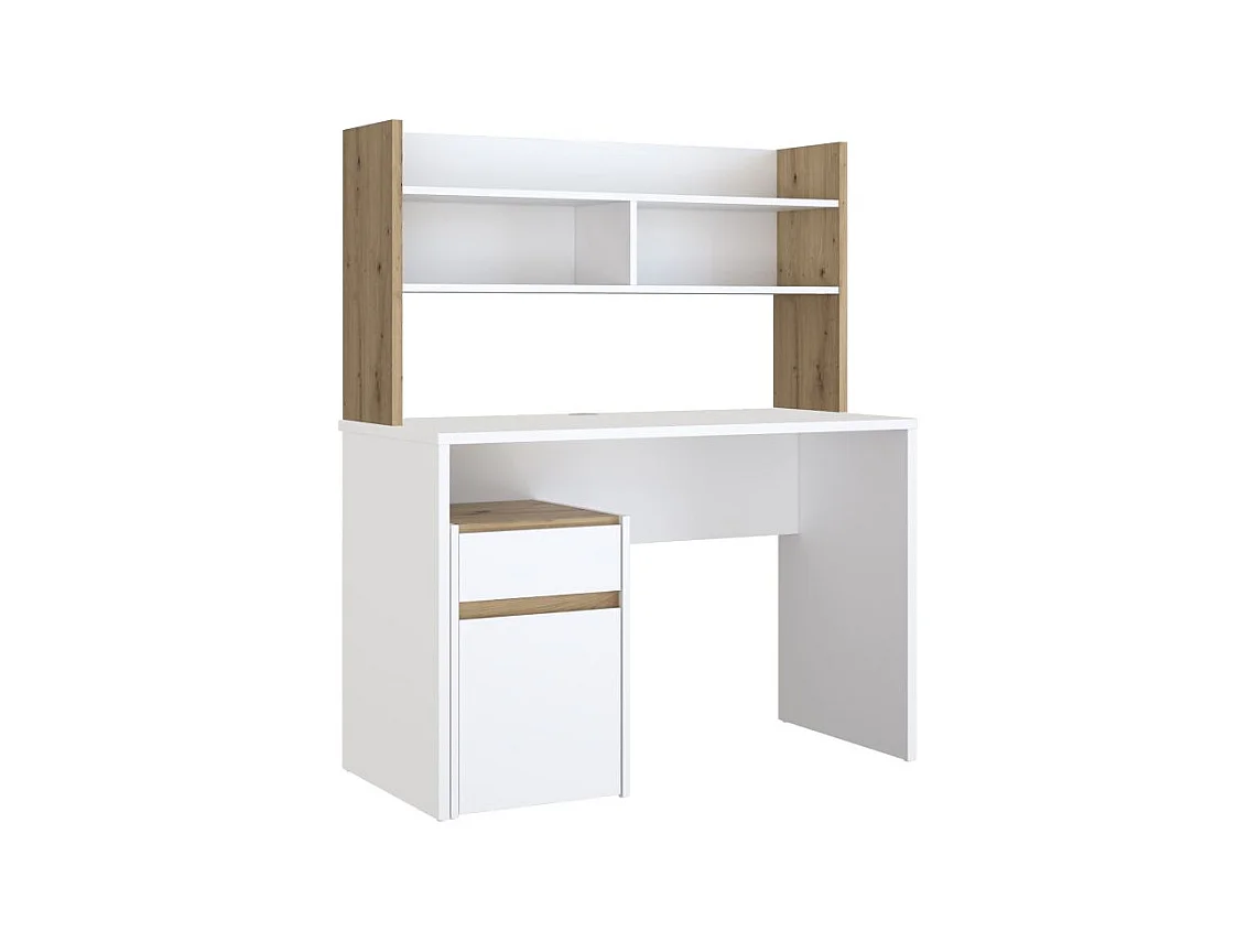 Bureau et surmeuble 110 cm blanc mat et décor bois de chêne - ODYSSÉE