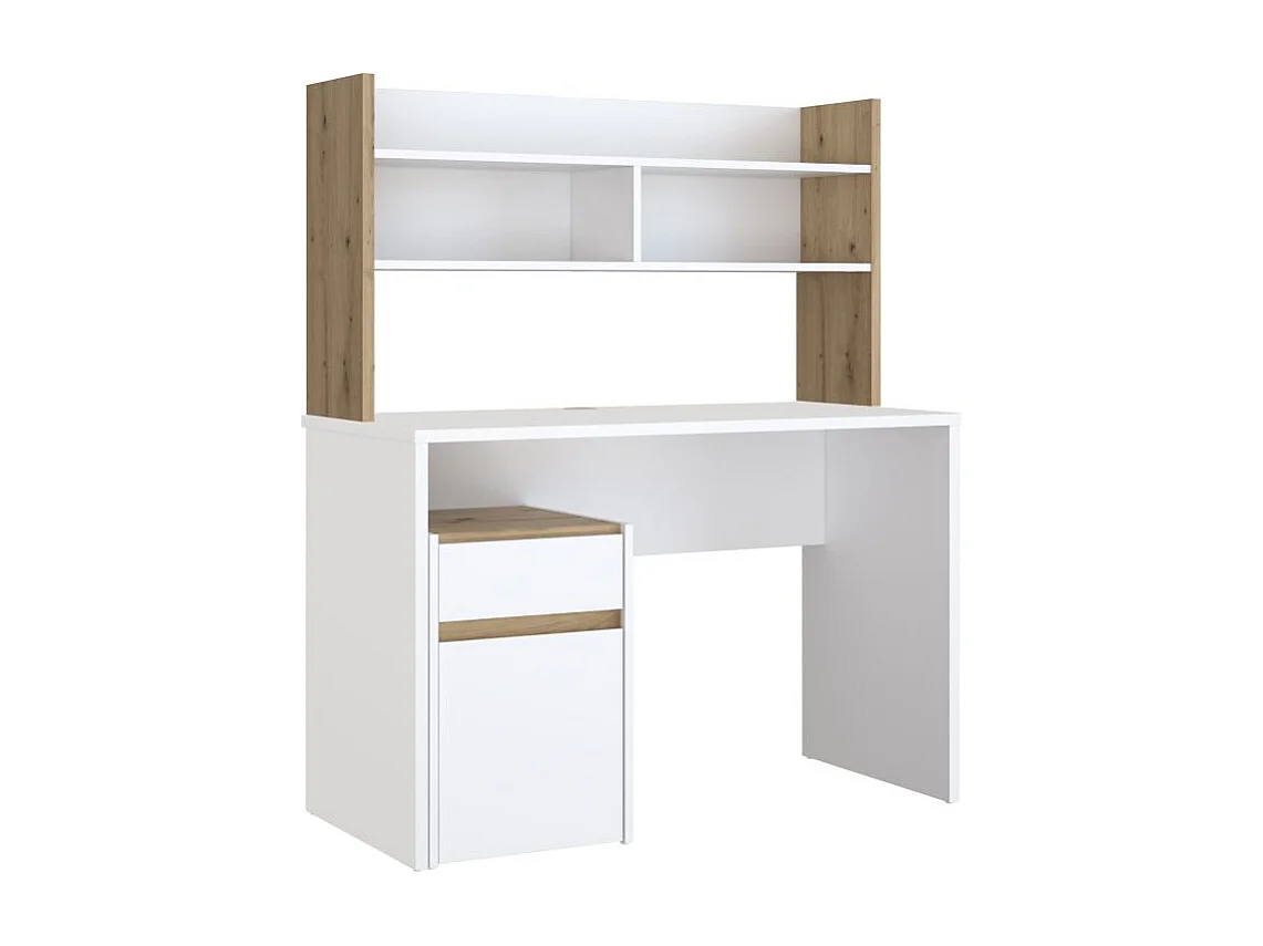 Bureau et surmeuble 110 cm blanc mat et décor bois de chêne - ODYSSÉE