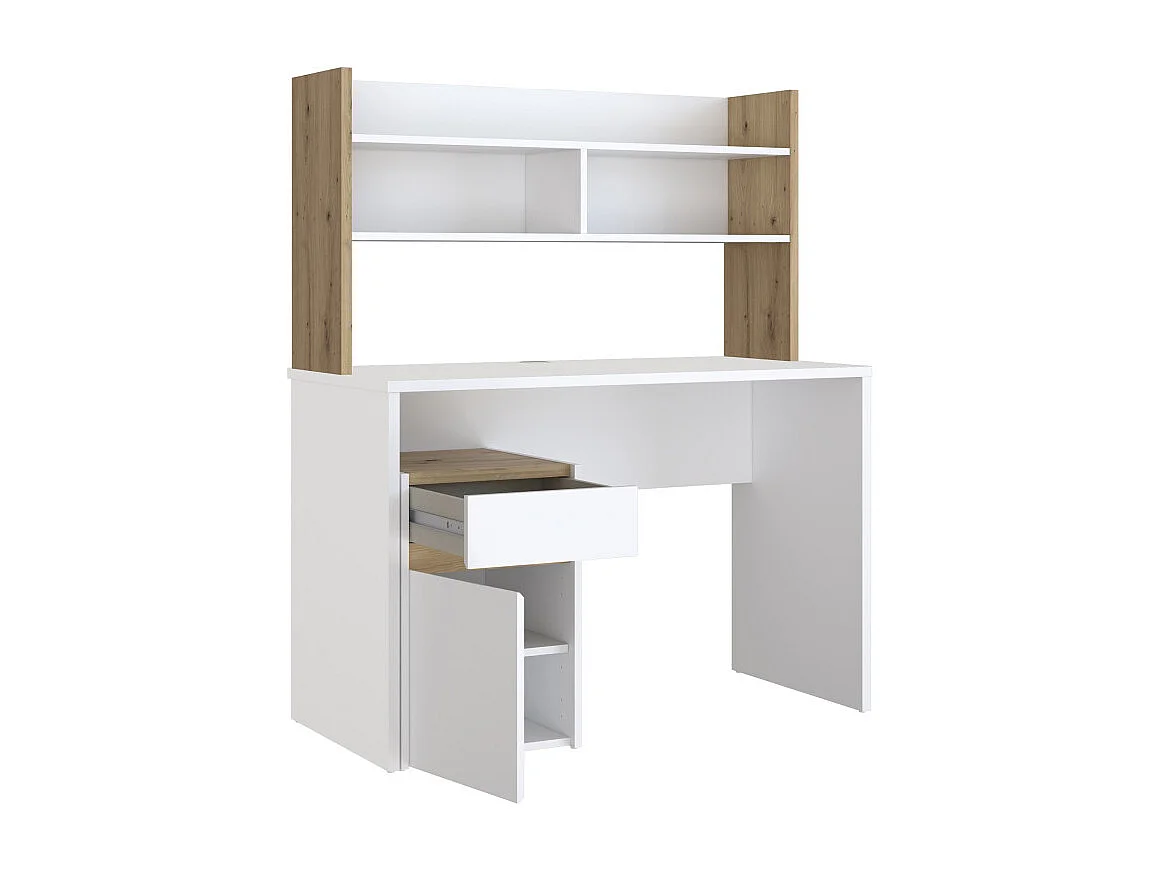 Bureau et surmeuble 110 cm blanc mat et décor bois de chêne - ODYSSÉE
