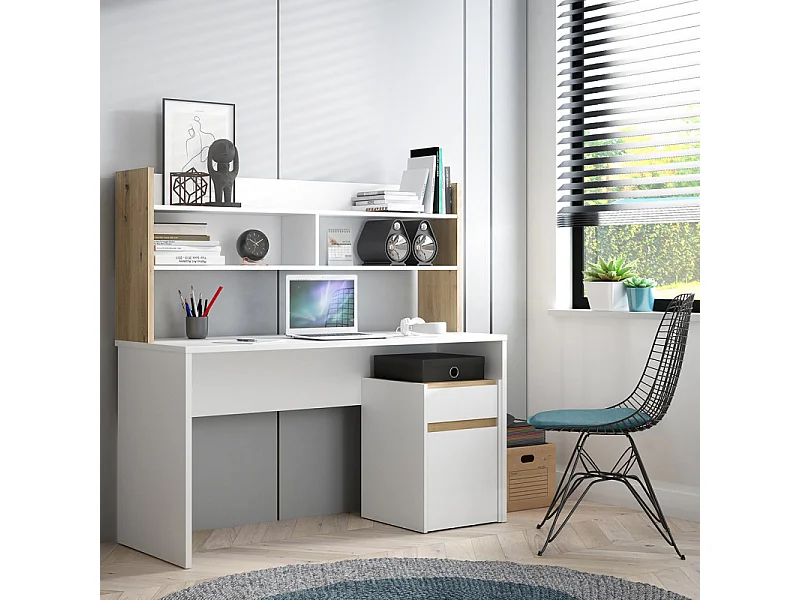 Bureau et surmeuble 110 cm blanc mat et décor bois de chêne - ODYSSÉE