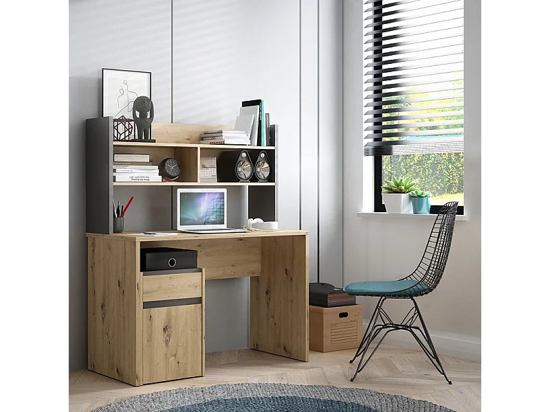 Bureau et surmeuble 110 cm décor bois chêne & gris foncé mat - ODYSSÉE