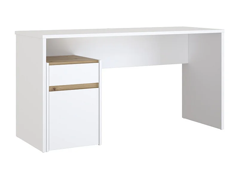 Bureau 140 cm blanc mat et décor bois de chêne avec caisson - ODYSSÉE