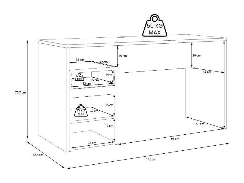 Bureau 140 cm blanc mat et décor bois de chêne avec caisson - ODYSSÉE