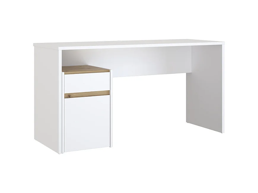 Bureau 140 cm blanc mat et décor bois de chêne avec caisson - ODYSSÉE