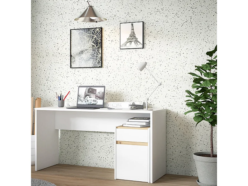 Bureau 140 cm blanc mat et décor bois de chêne avec caisson - ODYSSÉE