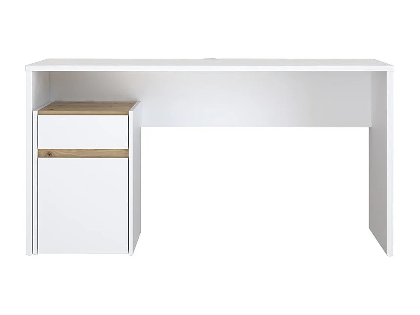 Bureau 140 cm blanc mat et décor bois de chêne avec caisson - ODYSSÉE