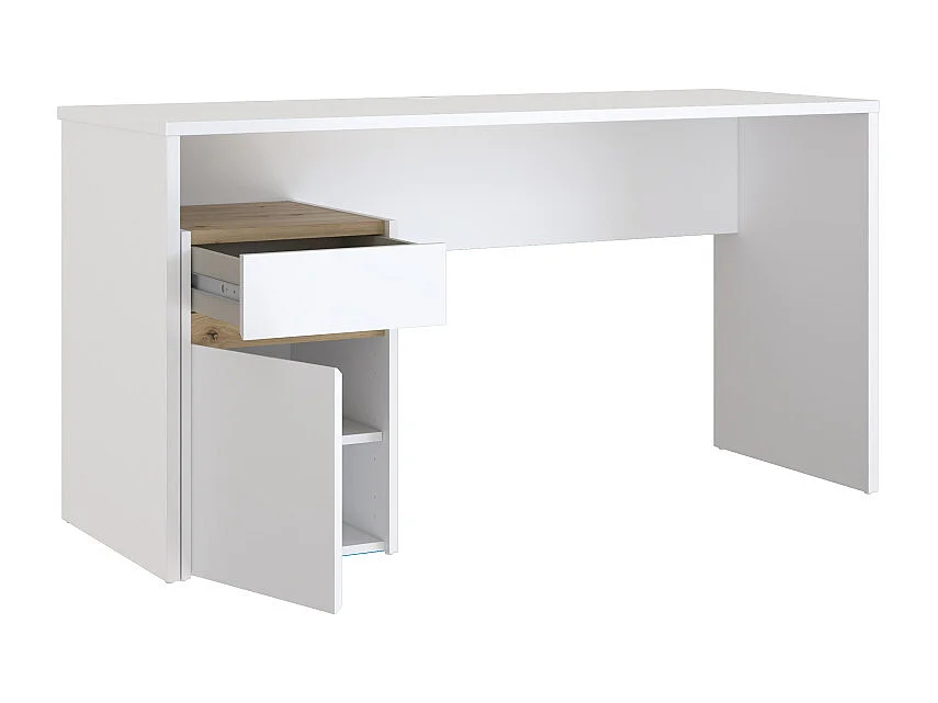 Bureau 140 cm blanc mat et décor bois de chêne avec caisson - ODYSSÉE