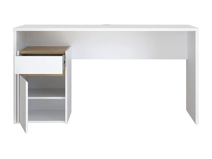 Bureau 140 cm blanc mat et décor bois de chêne avec caisson - ODYSSÉE