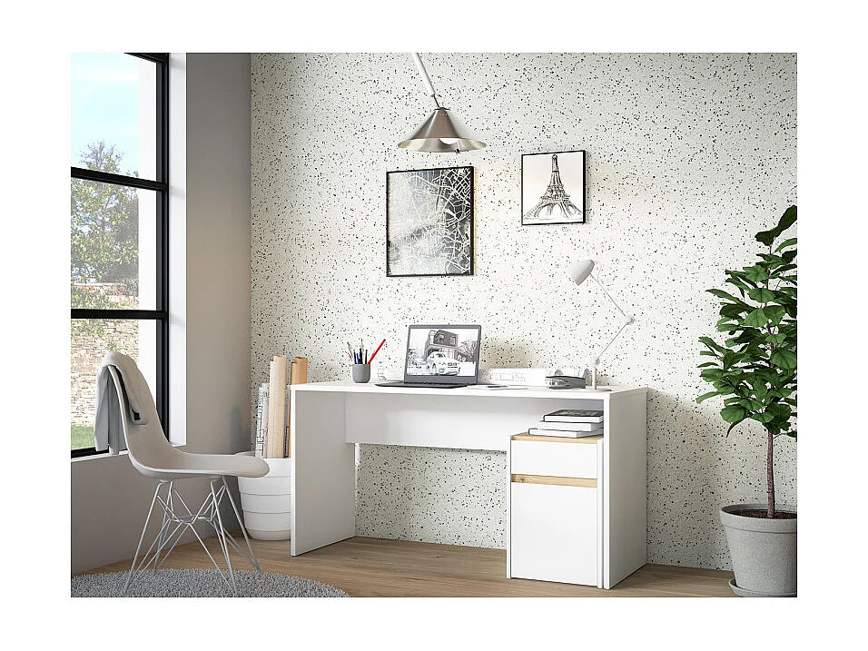 Bureau 140 cm blanc mat et décor bois de chêne avec caisson - ODYSSÉE
