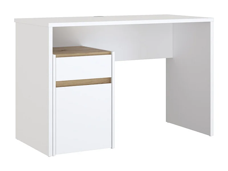 Bureau 110 cm blanc mat et décor bois de chêne avec caisson - ODYSSÉE