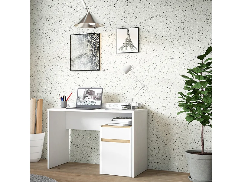 Bureau 110 cm blanc mat et décor bois de chêne avec caisson - ODYSSÉE