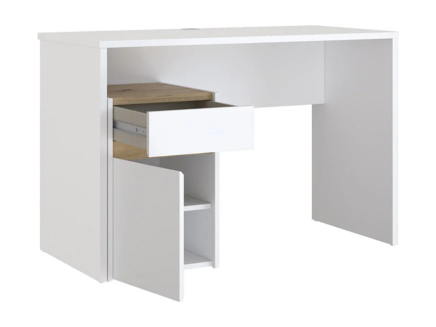 Bureau 110 cm blanc mat et décor bois de chêne avec caisson - ODYSSÉE