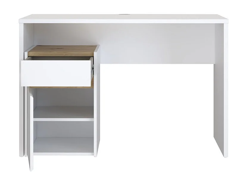 Bureau 110 cm blanc mat et décor bois de chêne avec caisson - ODYSSÉE