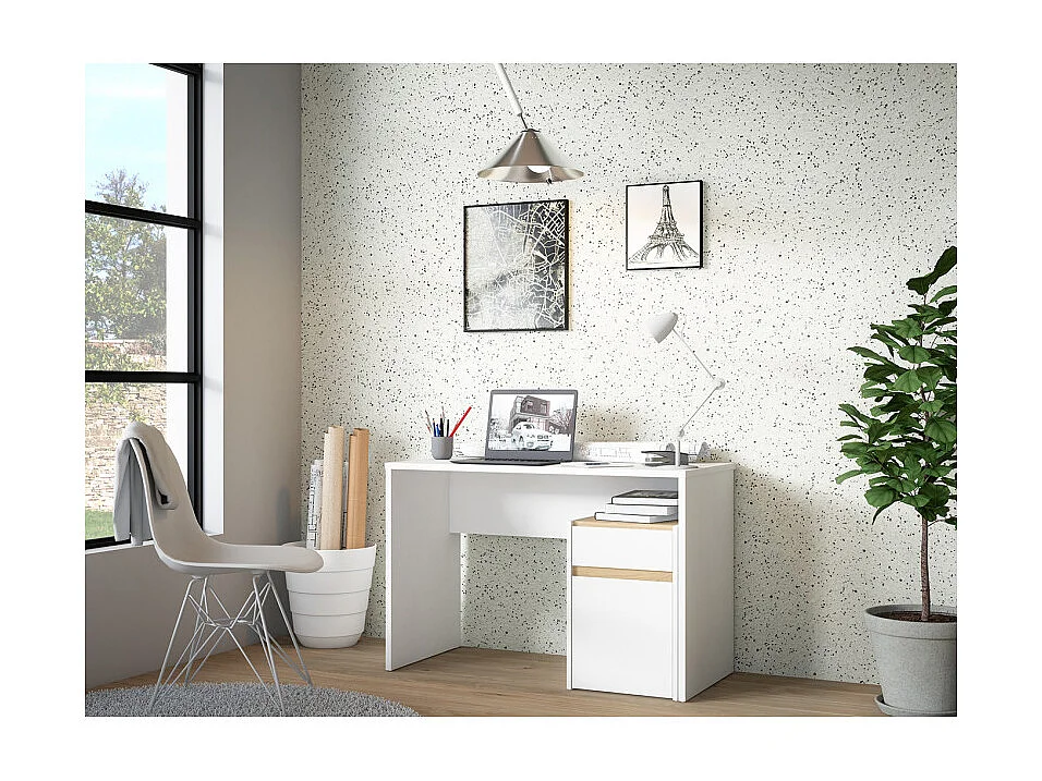 Bureau 110 cm blanc mat et décor bois de chêne avec caisson - ODYSSÉE