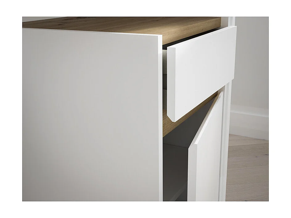 Bureau 110 cm blanc mat et décor bois de chêne avec caisson - ODYSSÉE