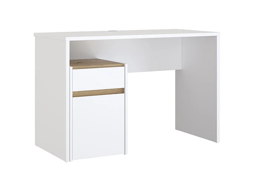 Bureau 110 cm blanc mat et décor bois de chêne avec caisson - ODYSSÉE