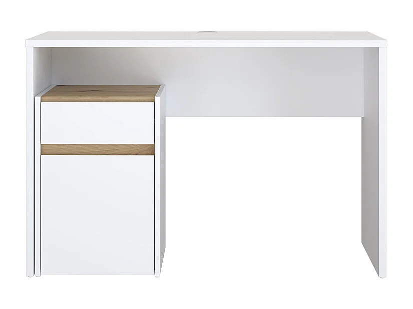 Bureau 110 cm blanc mat et décor bois de chêne avec caisson - ODYSSÉE