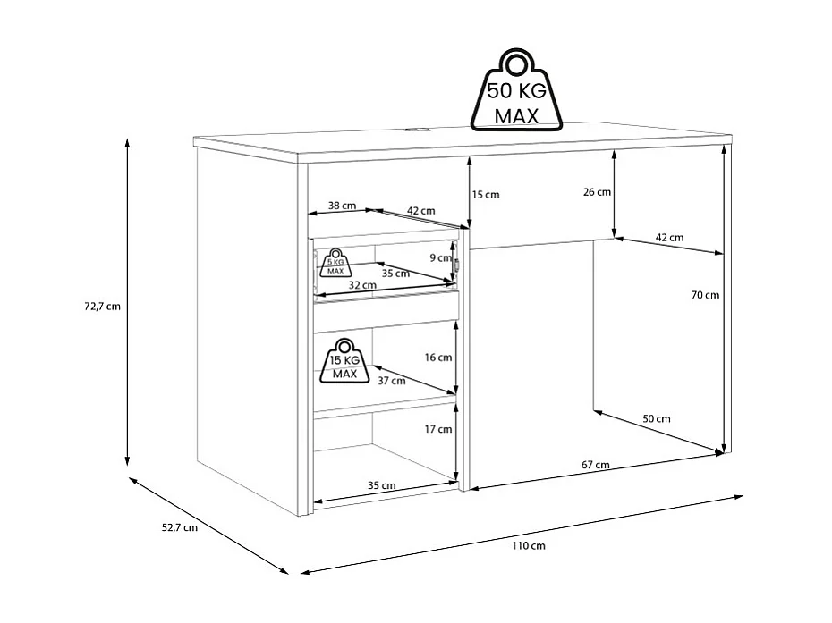 Bureau 110 cm blanc mat et décor bois de chêne avec caisson - ODYSSÉE