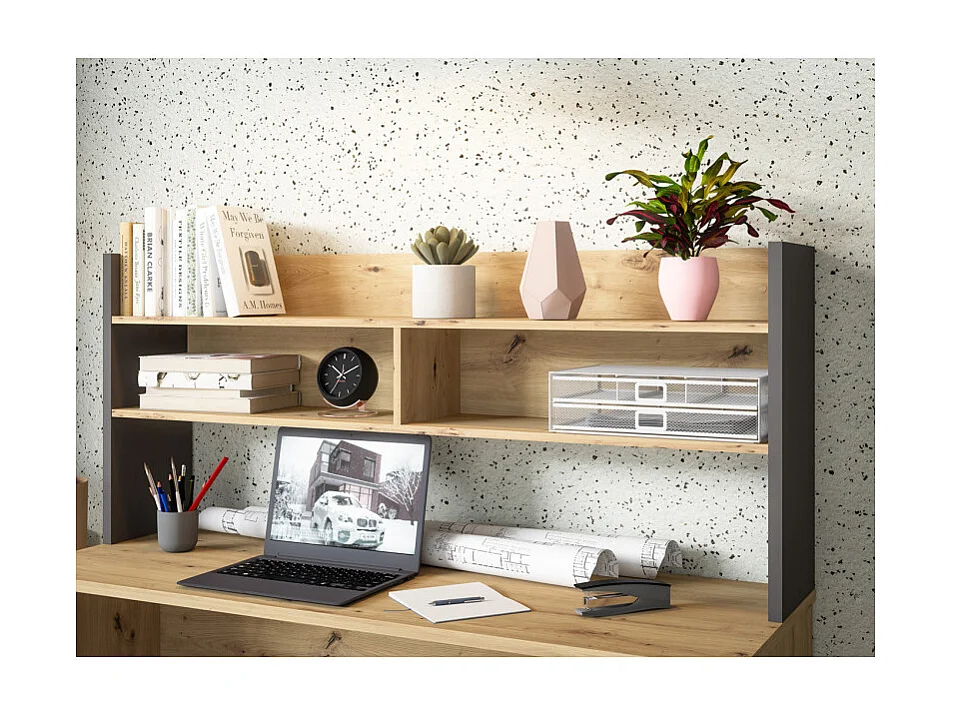 Bureau et surmeuble 140 cm décor bois chêne gris foncé mat - ODYSSÉE