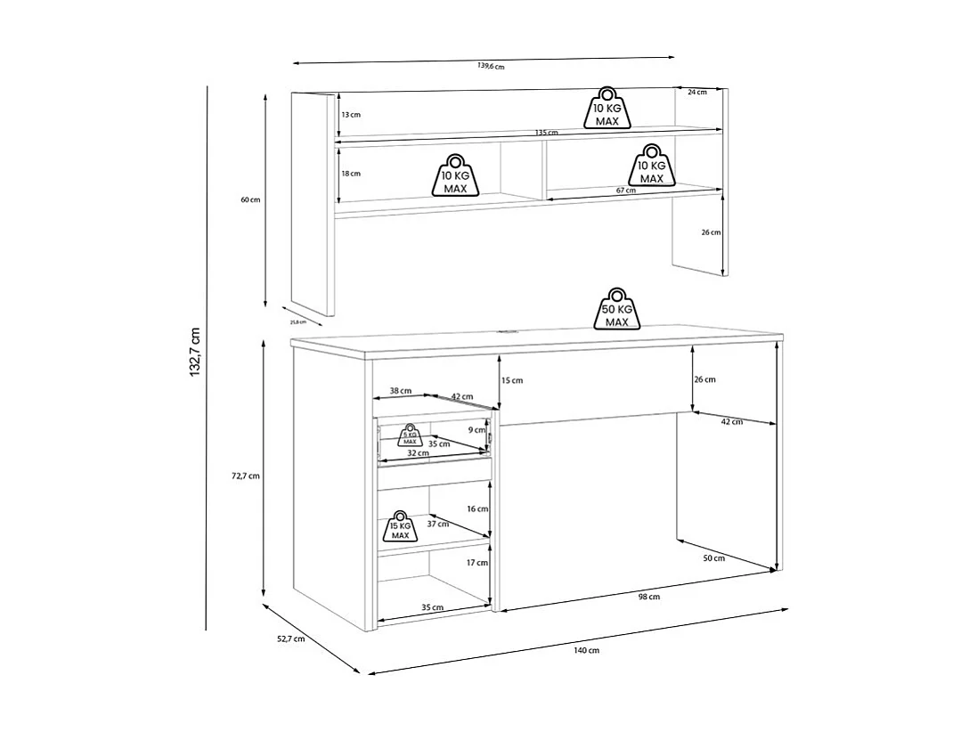 Bureau et surmeuble 140 cm décor bois chêne gris foncé mat - ODYSSÉE