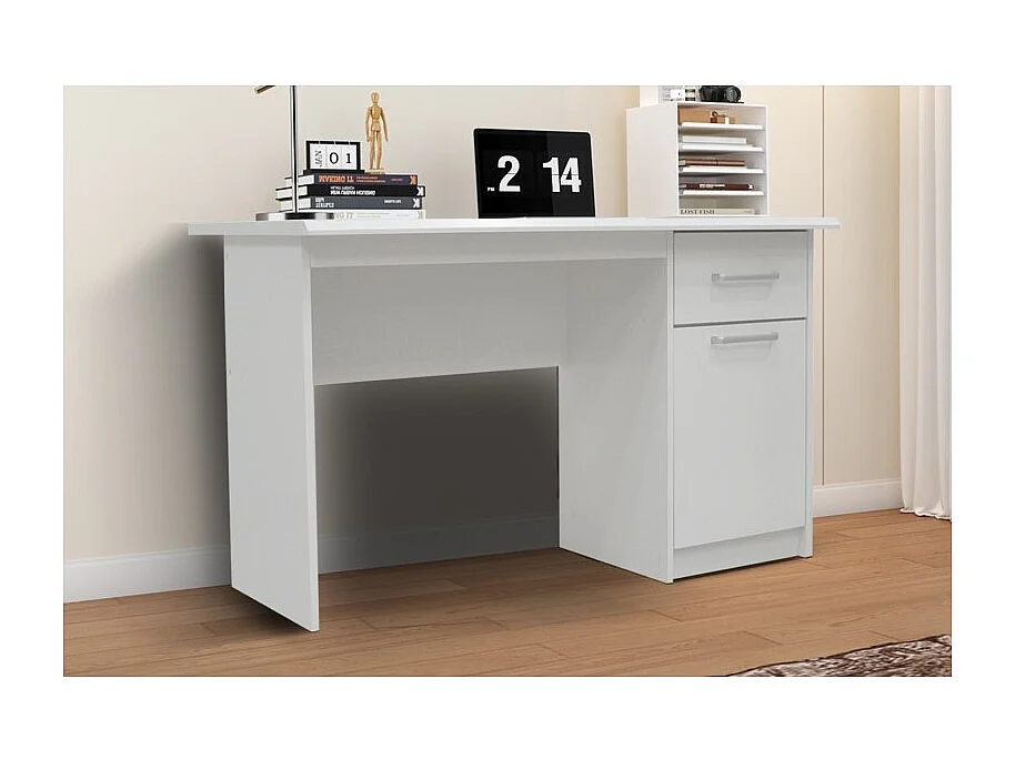 Recht bureau uit de PRAGUE collectie met één lade en een deur in witte kleur