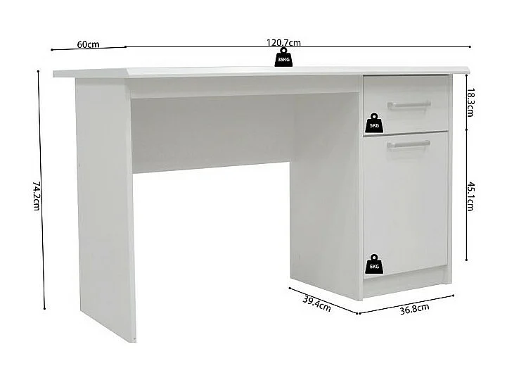 Recht bureau uit de PRAGUE collectie met één lade en een deur in witte kleur