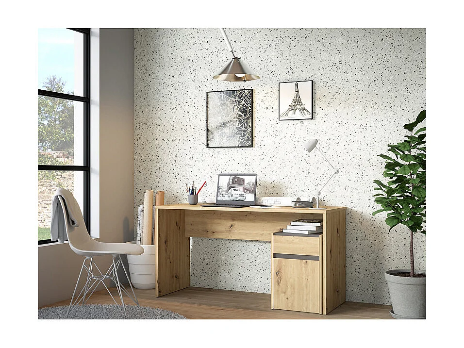 Bureau 140 cm et caisson décor bois chêne et gris foncé mat - ODYSSÉE