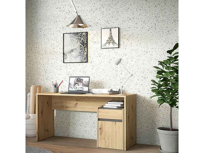 Bureau 140 cm et caisson décor bois chêne et gris foncé mat - ODYSSÉE