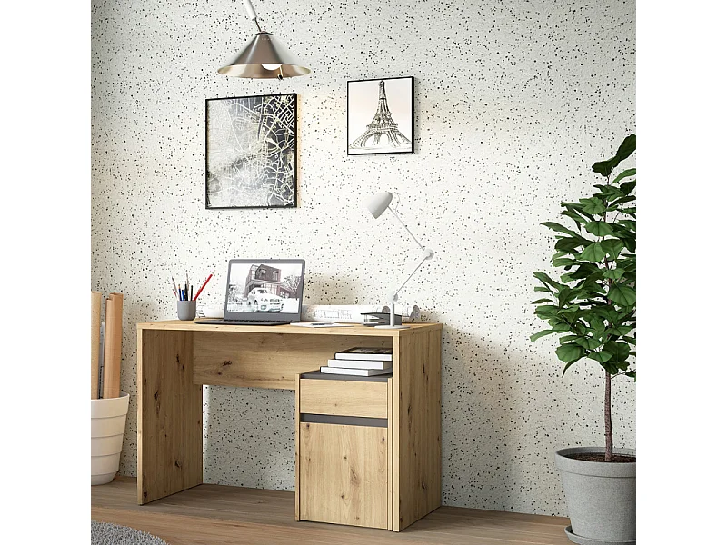 Bureau 110 cm et caisson décor bois chêne et gris foncé mat - ODYSSÉE