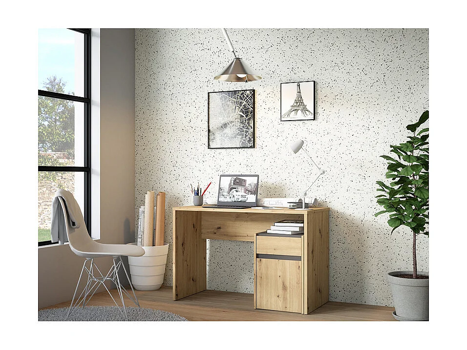 Bureau 110 cm et caisson décor bois chêne et gris foncé mat - ODYSSÉE