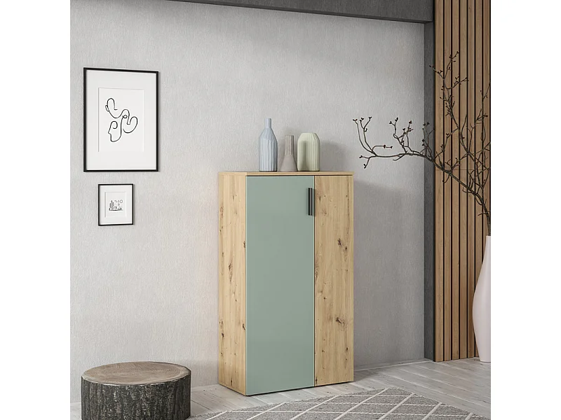 Meuble à chaussures 2 portes décor bois chêne et vert sauge – AMELIE