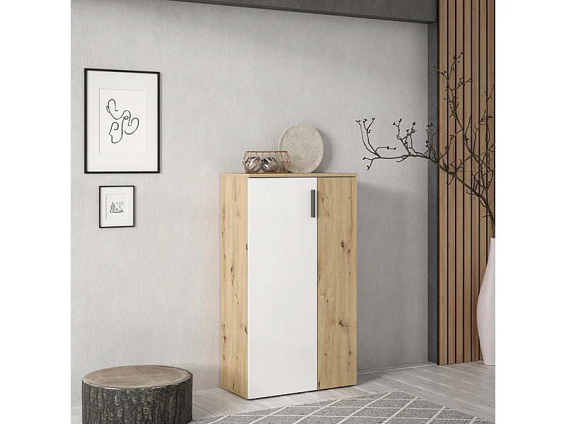 Meuble à Chaussures 2 portes décor bois de chêne et blanc mat – AMELIE