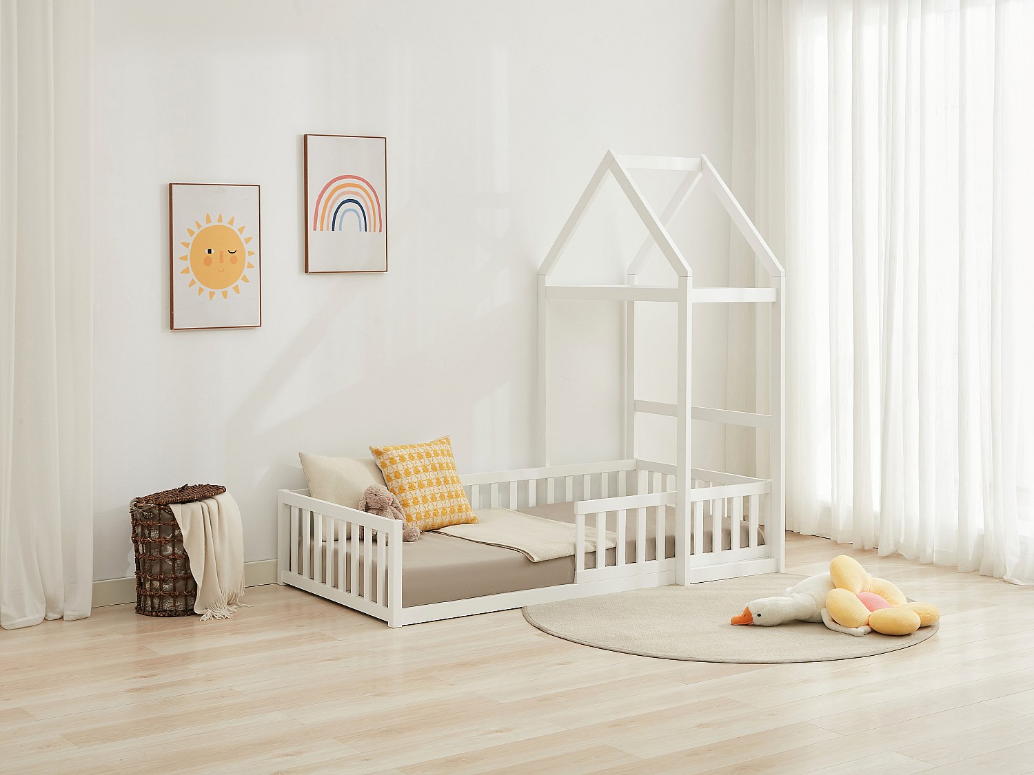 Vente-unique Bett In Hausoptik - 90 X 190 Cm - Kiefer & Mdf - Weiß - Varlaine