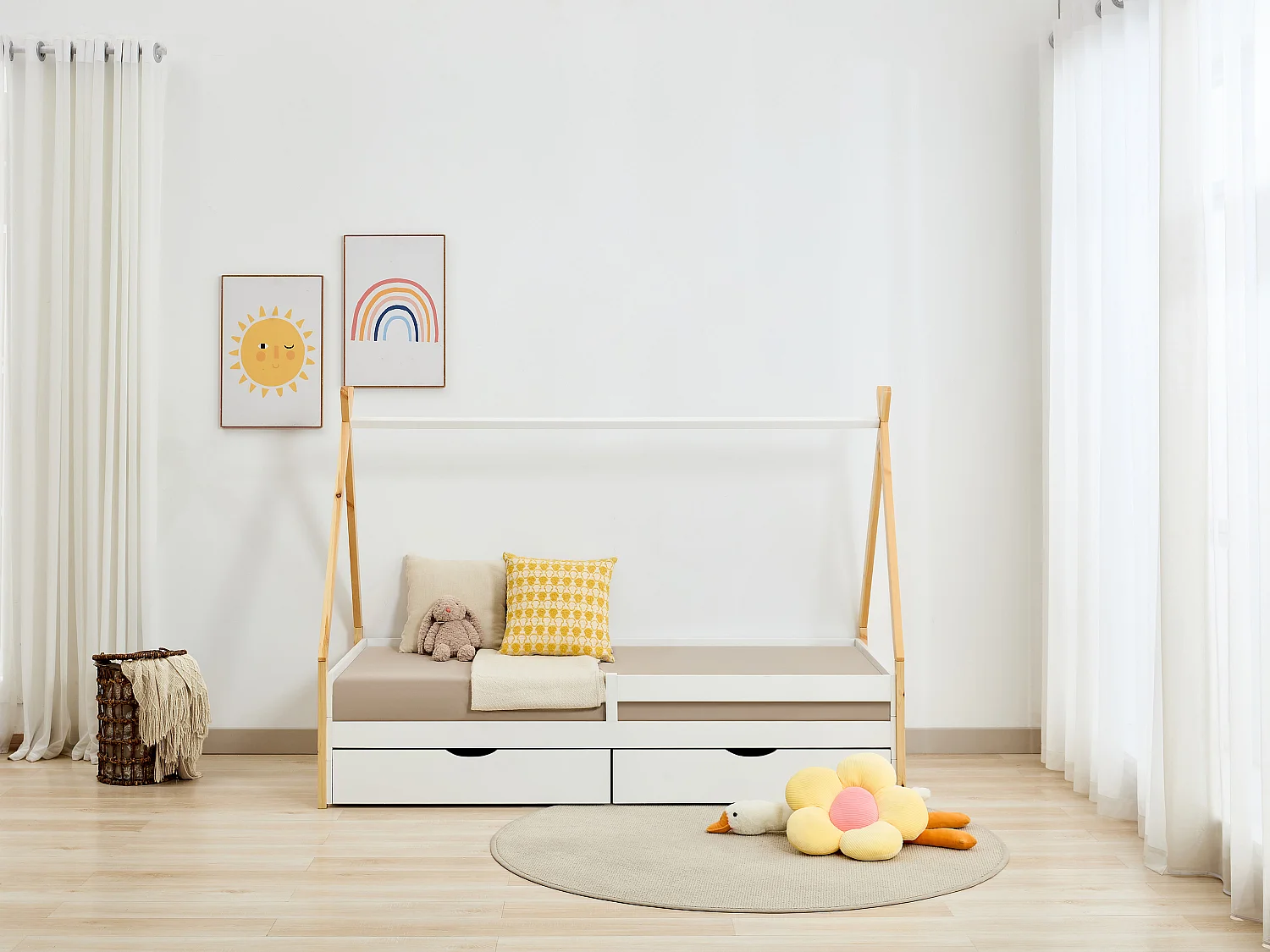 Lit tipi 90 x 190 cm avec tiroirs - Pin et MDF - Coloris : Blanc et naturel - LUANCO