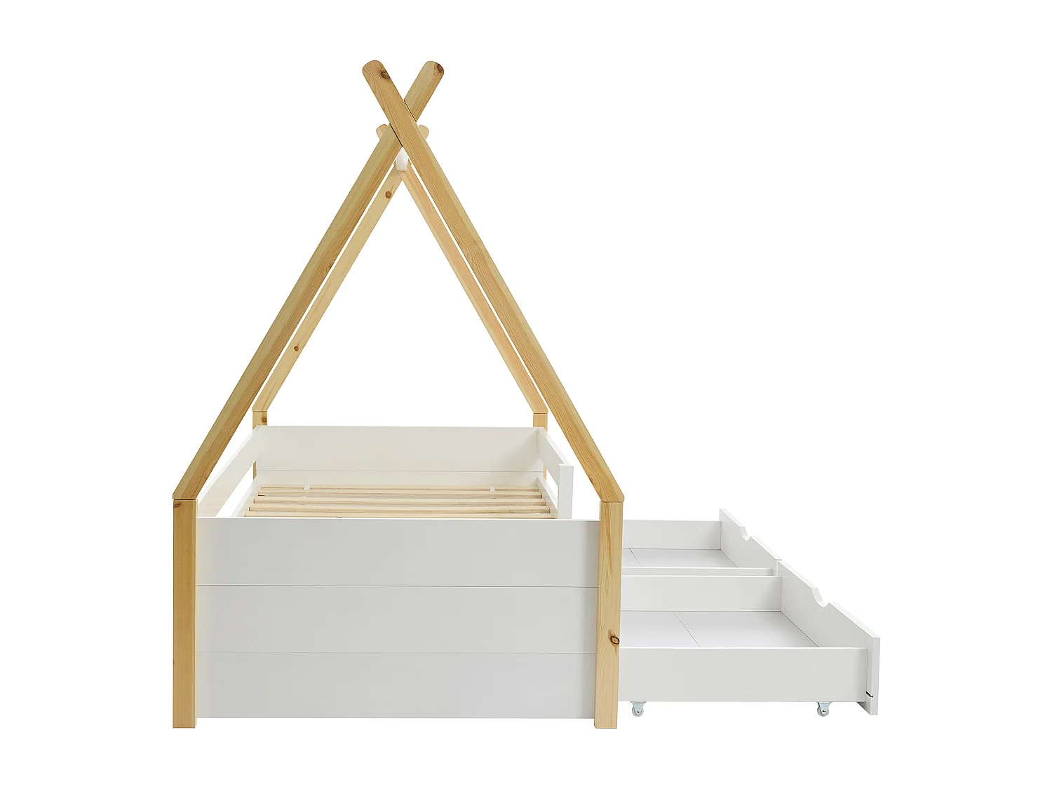 Lit tipi 90 x 190 cm avec tiroirs - Pin et MDF - Coloris : Blanc et naturel - LUANCO