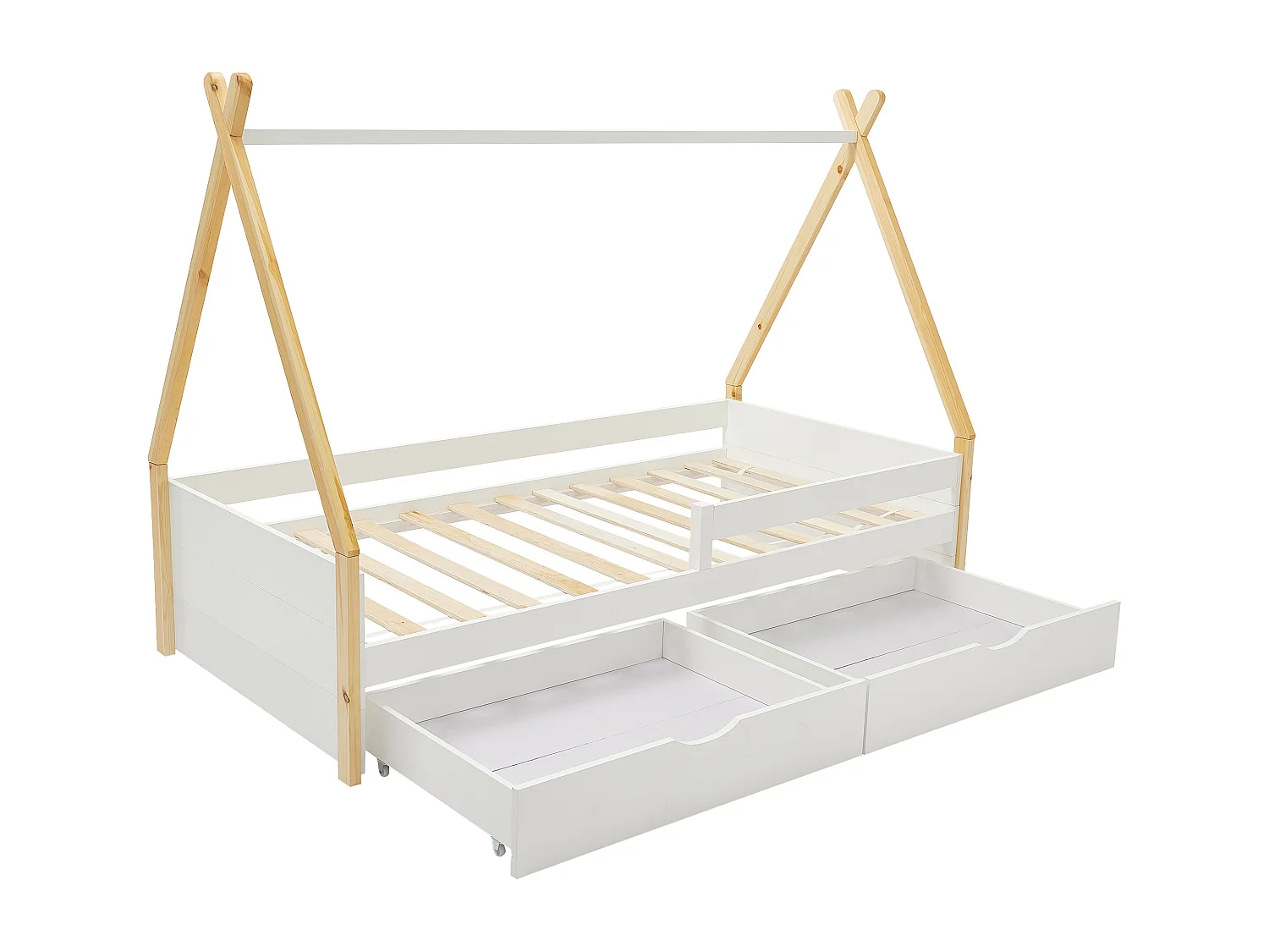 Lit tipi 90 x 190 cm avec tiroirs - Pin et MDF - Coloris : Blanc et naturel - LUANCO