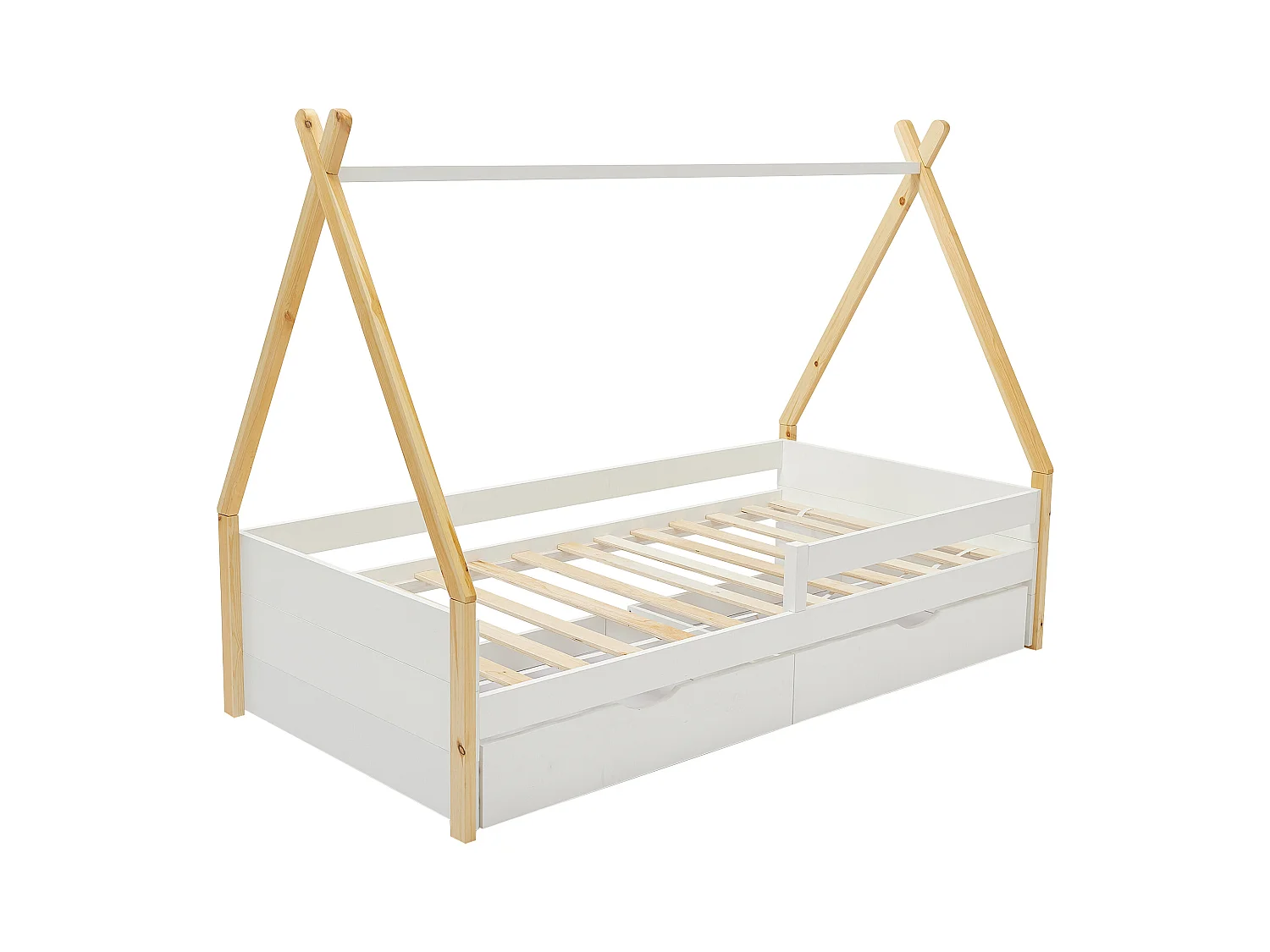 Tipi-bed 90 x 190 cm met lades - Grenen en mdf - Kleur: wit en naturel - LUANCO