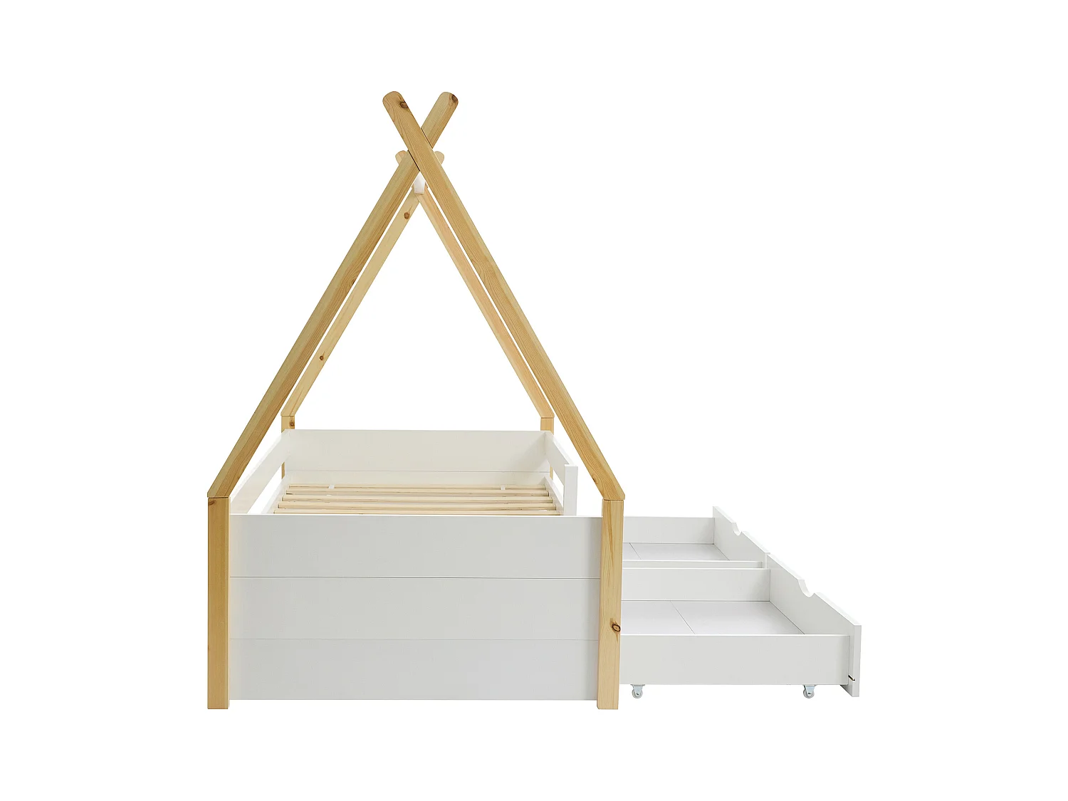 Tipi-bed 90 x 190 cm met lades - Grenen en mdf - Kleur: wit en naturel - LUANCO