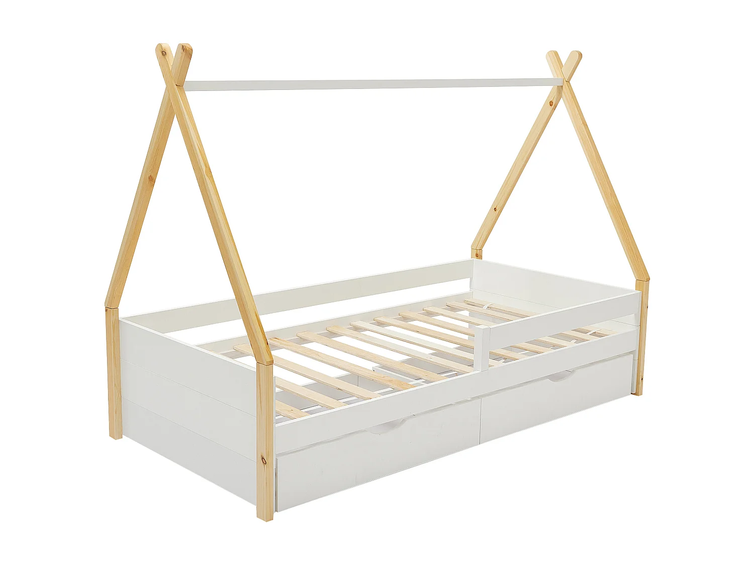 Lit tipi 90 x 190 cm avec tiroirs - Pin et MDF - Coloris : Blanc et naturel - LUANCO