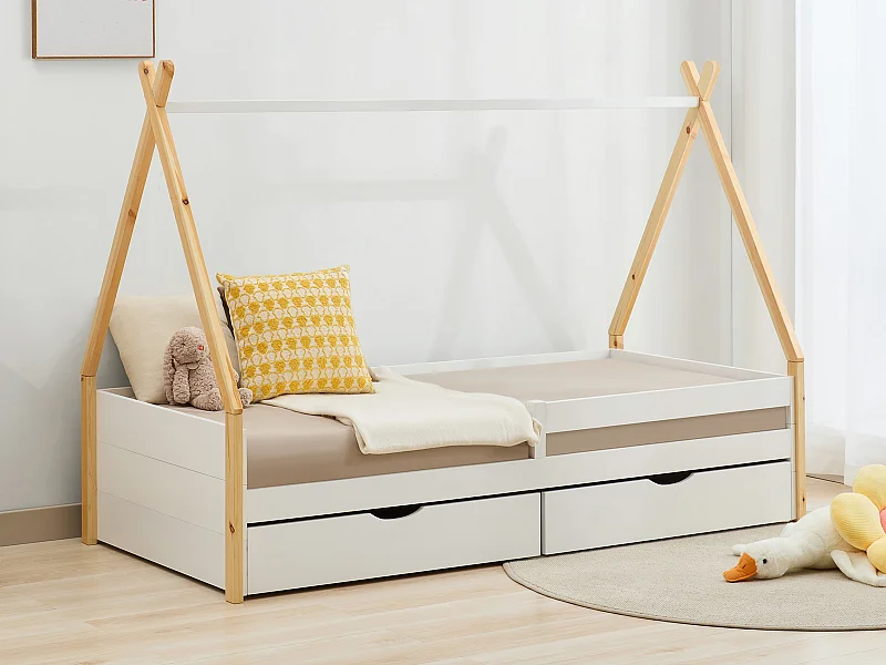 Tipitält säng 90 x 190 cm med lådor - Furu och MDF - Färg: Vit och naturell - LUANCO