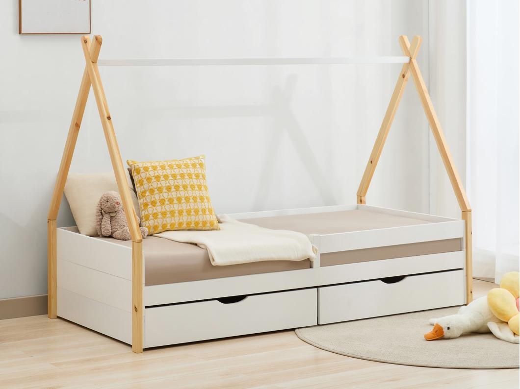 Lit tipi 90 x 190 cm avec tiroirs - Pin et MDF - Coloris : Blanc et naturel - LUANCO