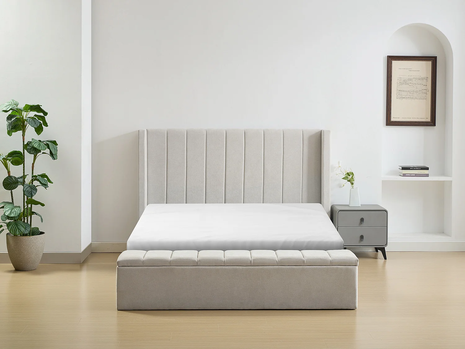 Bed met opbergruimte 160 x 200 cm met bankje - Stof - Beige - DOUINO