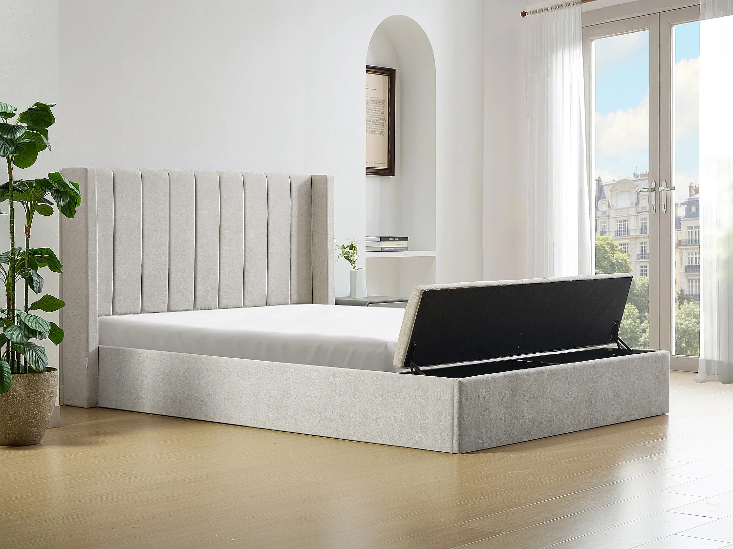 Lit coffre 180 x 200 cm avec banc - Tissu - Beige - DOUINO