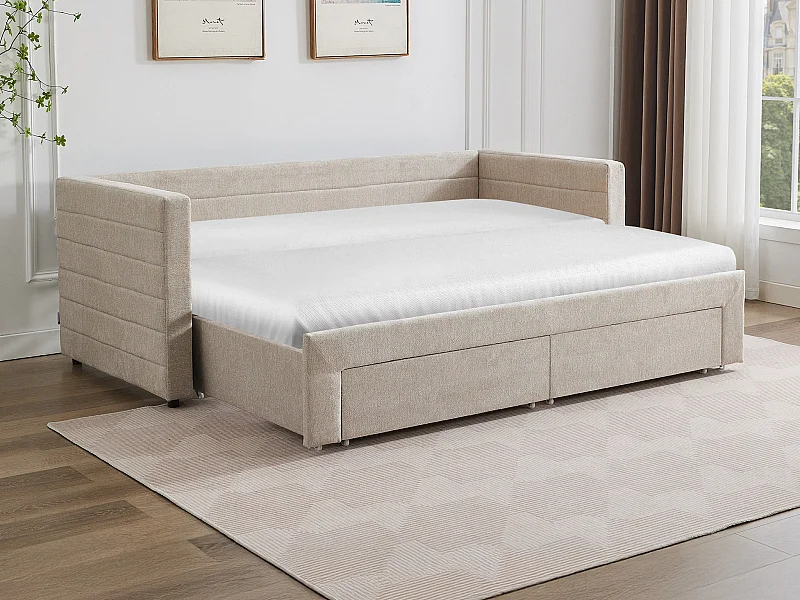 Lit gigogne 2 x 80 x 200 cm - Avec sommier peigne et tiroirs - Tissu texturé - Beige - CAMITY