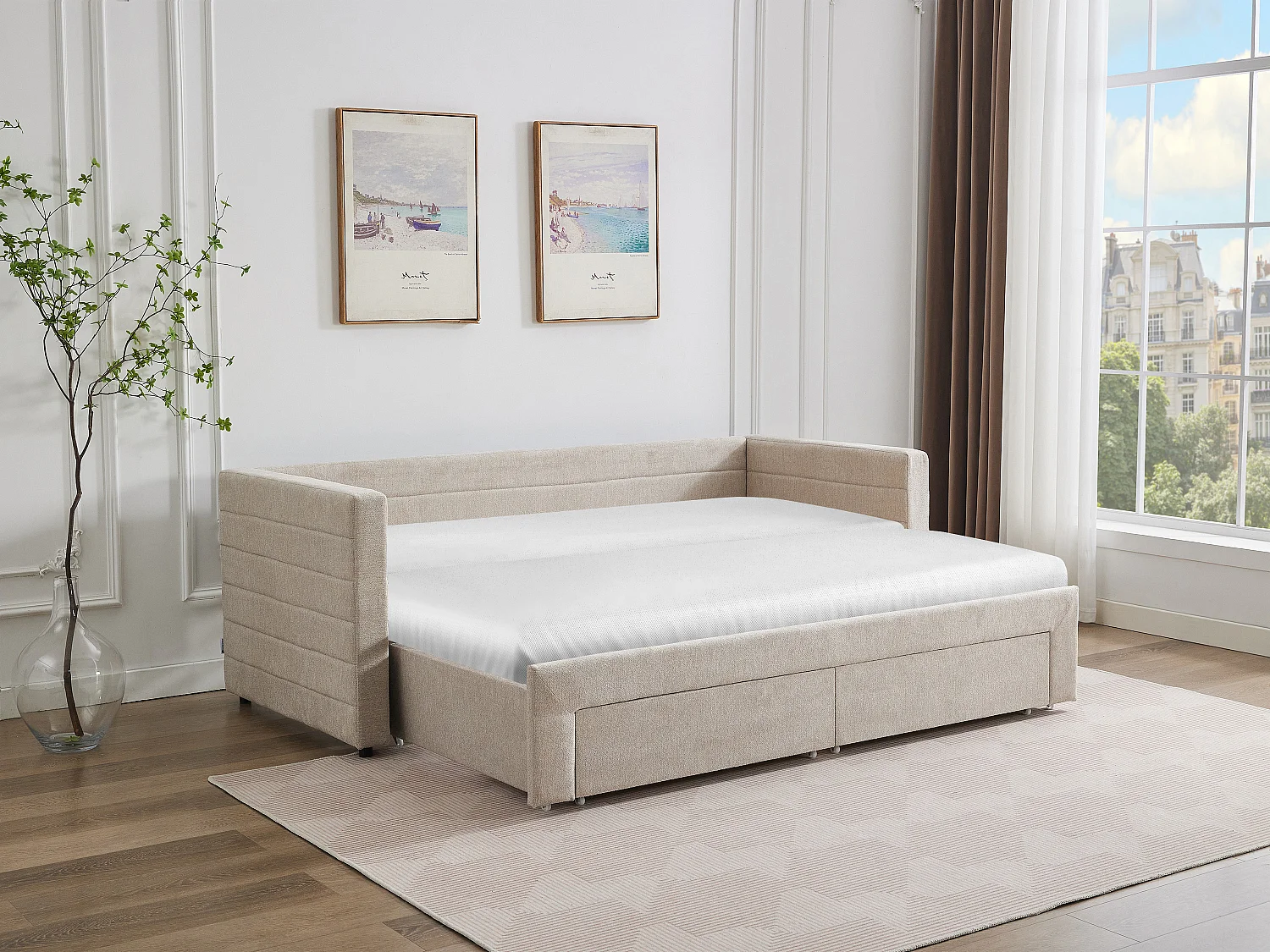Ausziehbett - 2 x 80 x 200 cm - Mit ausziehbarem Lattenrost & Schubladen - Strukturstoff - Beige - CAMITY