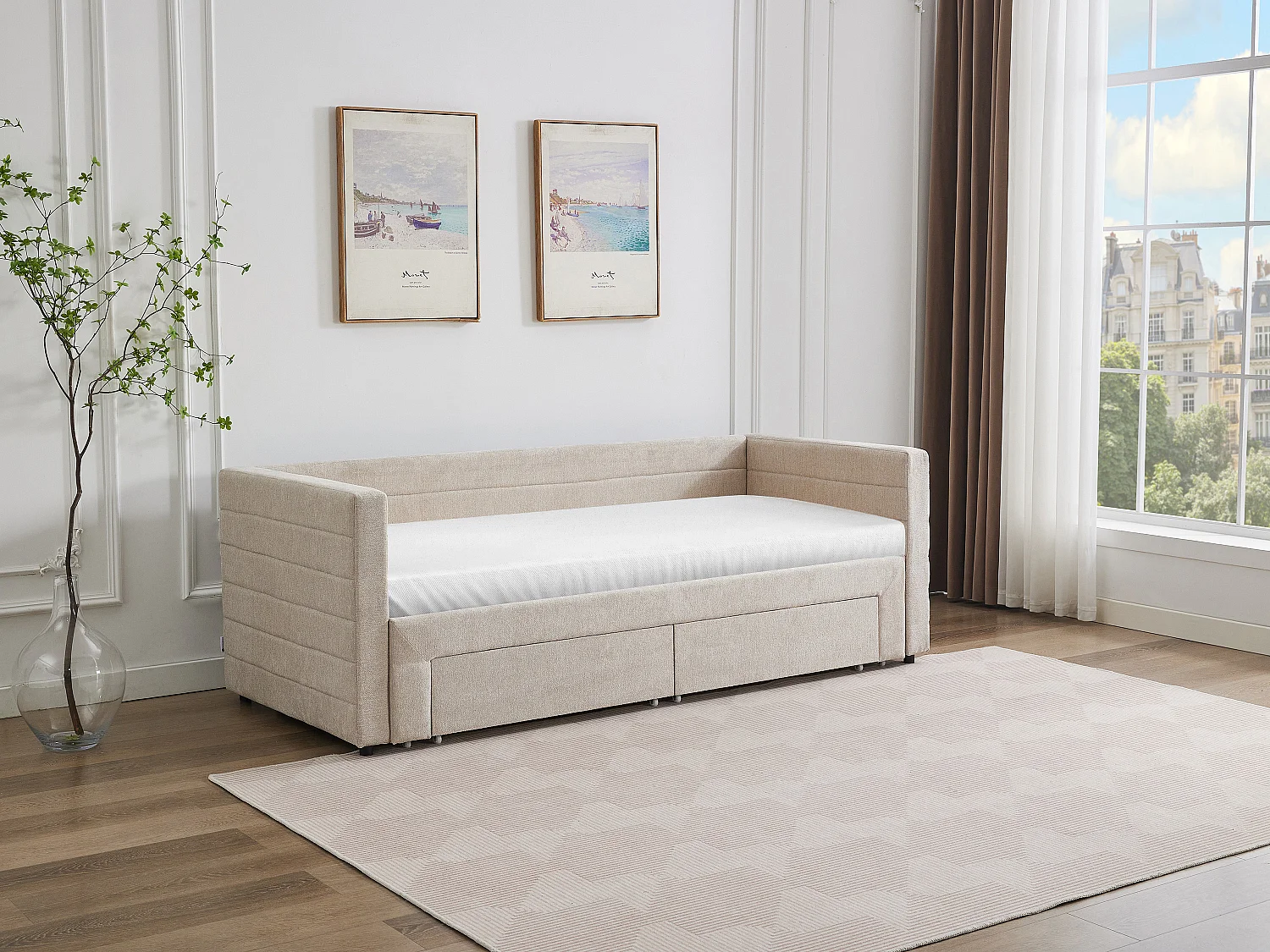 Utdragssäng 2 x 80 x 200 cm - Med ribbotten och lådor - Texturerat tyg - Beige - CAMITY