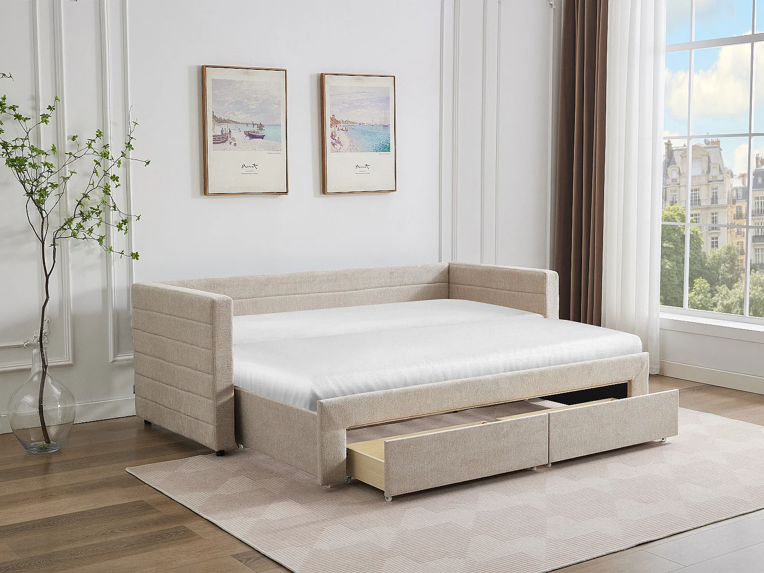 Utdragssäng 2 x 80 x 200 cm - Med ribbotten och lådor - Texturerat tyg - Beige - CAMITY