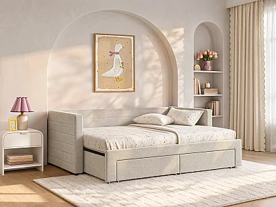 Ausziehbett 2 x 80 x 200 cm – Mit Lattenrost & Schubladen – Texturierter Stoff – Beige – CAMITY