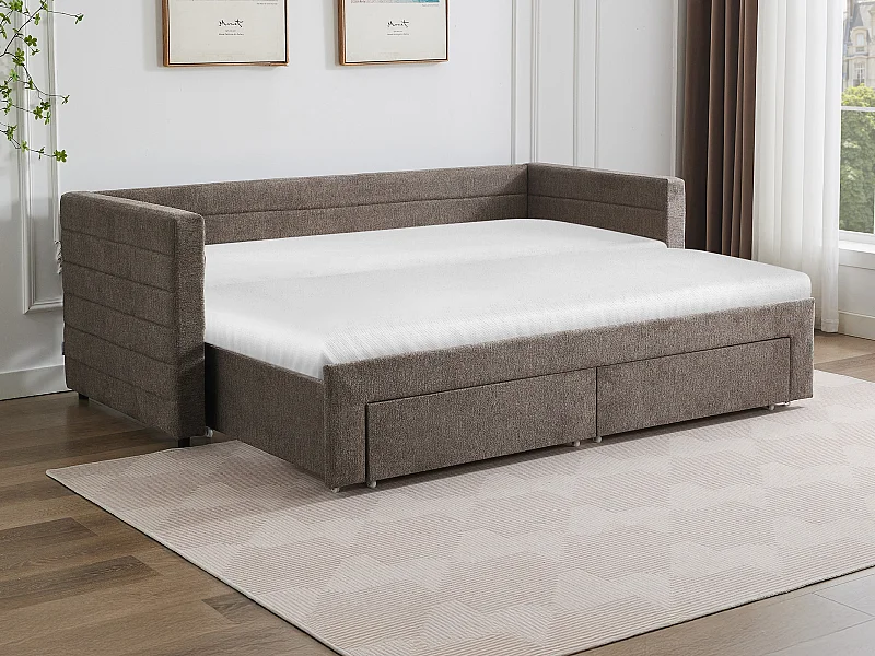 Ausziehbett - 2 x 80 x 200 cm - Mit ausziehbarem Lattenrost & Schubladen - Strukturstoff - Taupe - CAMITY